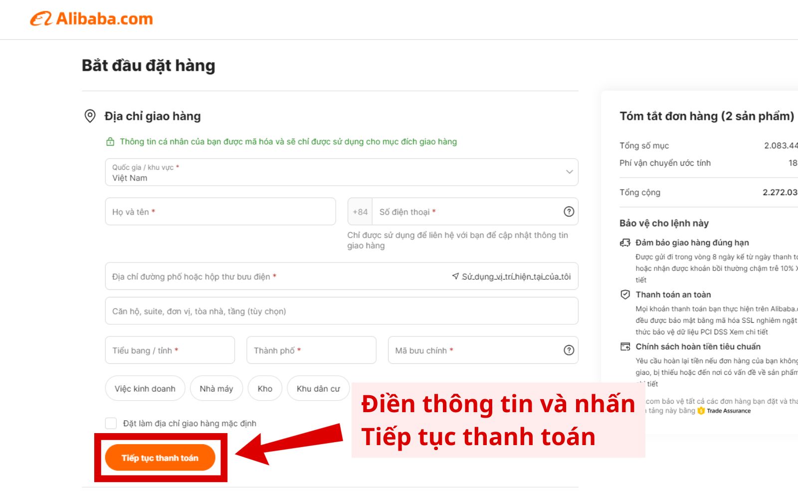Cách Thanh toán đơn mua hàng trên Alibaba