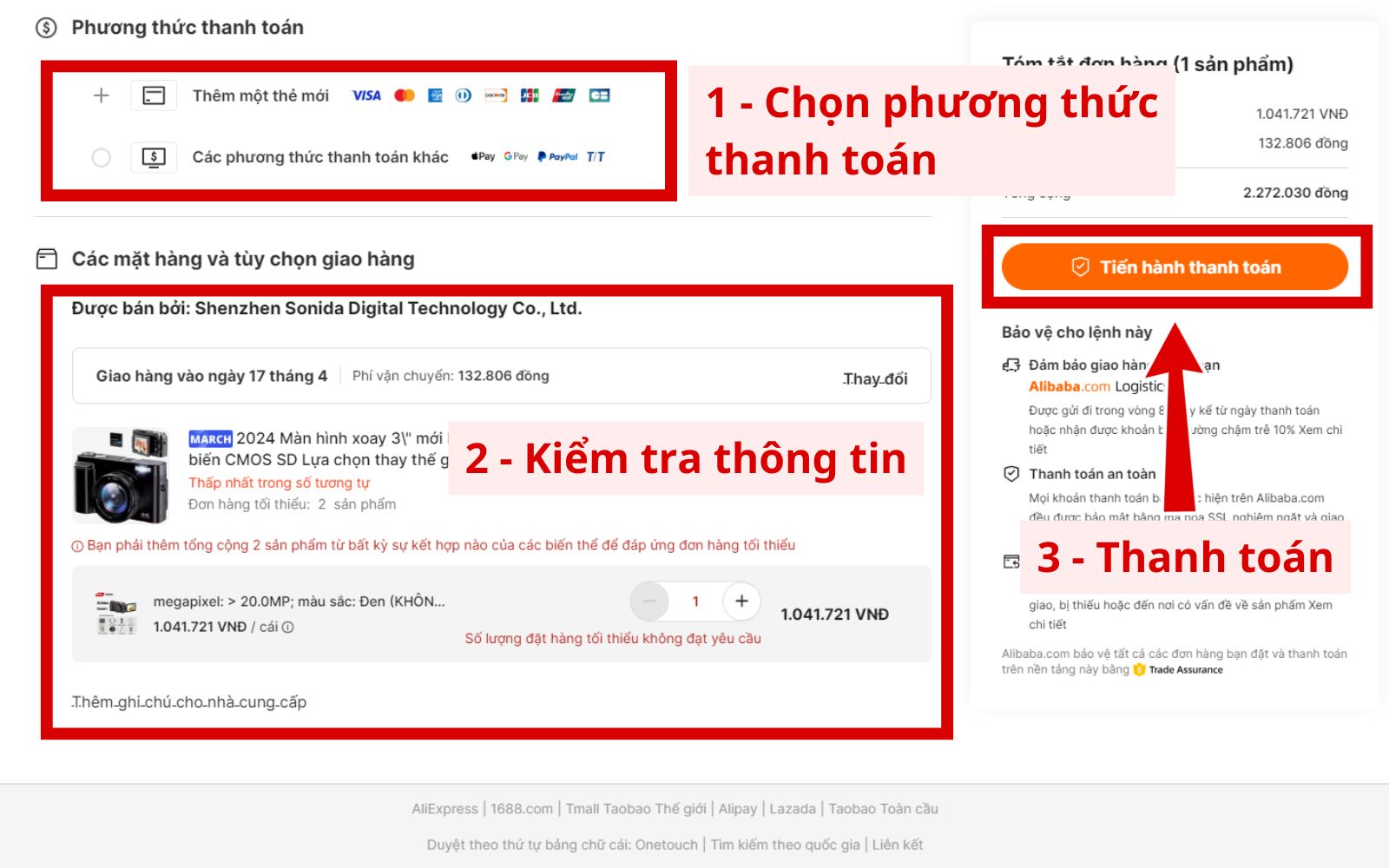 Tiến hành thanh toán đơn đặt hàng trên alibaba